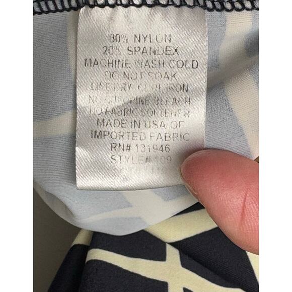 Jude Connally Dress Navy Cream Geometric Print Stretch Scoop Neck Ruffle Size S - Picture 4 of 5